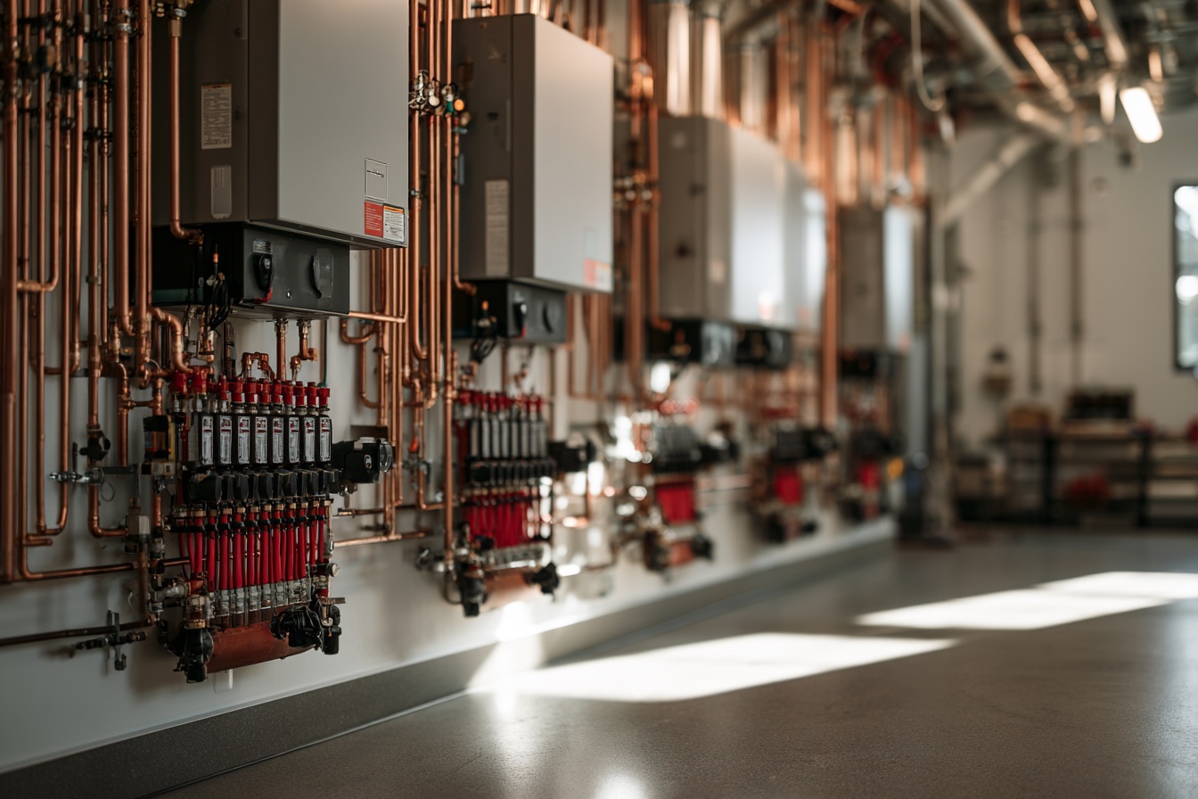 A clean, professionally installed mechanical room with condensing boilers and hydronic manifolds