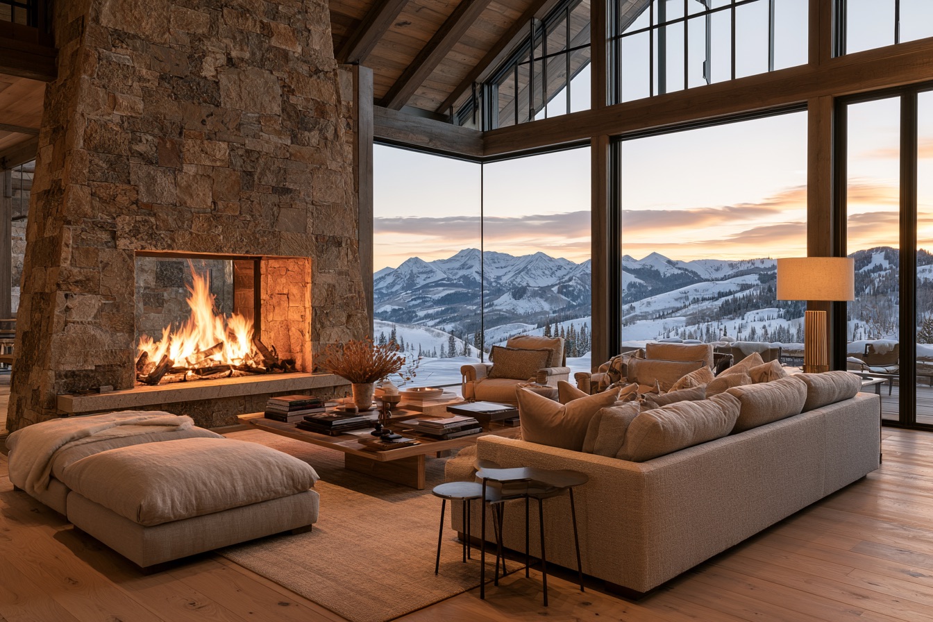 A warm luxury mountain living room with a stone fireplace and radiant-heated floors